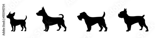 Dog black vector silhouette illustration in different poses. Isolated on a white background. A design element for presentation, business, decor, etc.