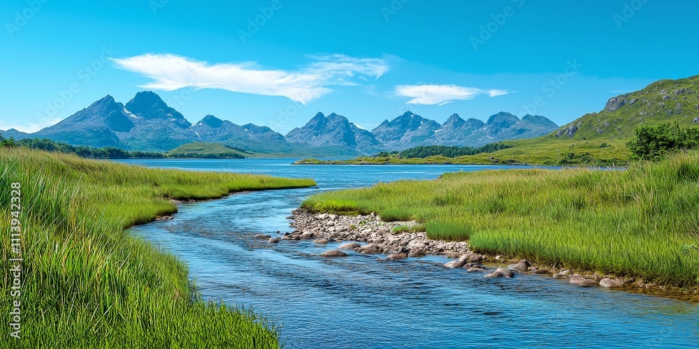 Fototapeta premium elegance mountain sea Scenic river flowing through lush green landscape and mountains.