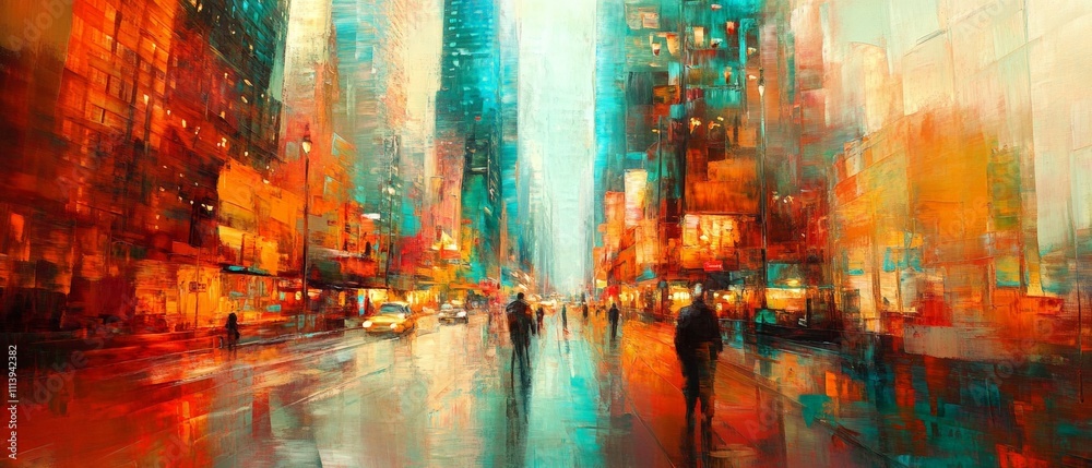 Vibrant Urban Cityscape: Abstract Blurred Street Scene with Colorful Lights and Silhouetted Pedestrians in a Bustling Metropolis Vibrant Urban Cityscape: Abstract Blurred Street Scene with Colorful Lights and Silhouetted Pedestrians in a Bustling Metropolis