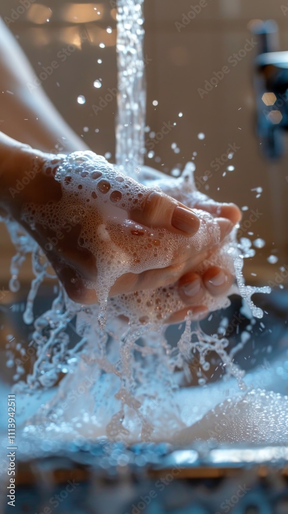 Fototapeta premium Image: person washing hands under tap with soap suds. Careful handwashing shown with focus on sink, cup, and faucet in background.