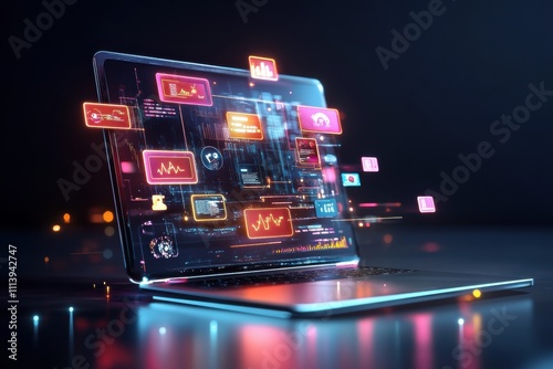 Boardroom table with glowing 3D graphs, laptops, and high-tech tools,