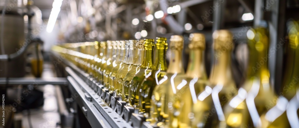 Factory assembly line with rows of green glass bottles filled with golden liquid, possibly wine. Focus on front row, blurred background highlights industrial scale and automation. Factory assembly line with rows of green glass bottles filled with golden liquid, possibly wine. Focus on front row, blurred background highlights industrial scale and automation.