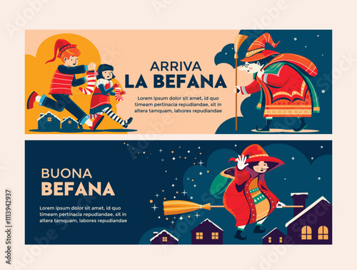 Witch like old woman who delivers gifts to children throughout Italy on Epiphany Eve suitable for Horizontal Banner