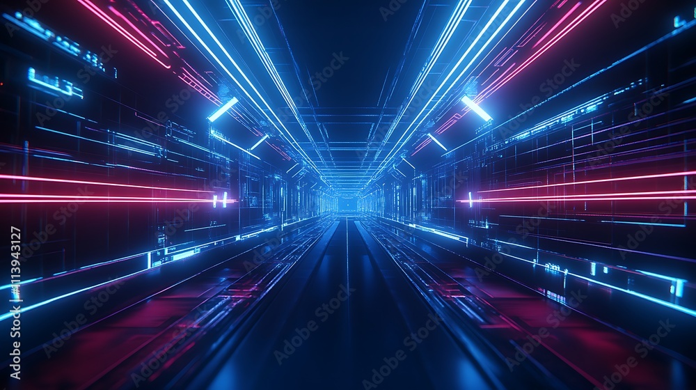 Obraz premium Futuristic Neon Corridor with Glowing Lines in a High-Tech Environment