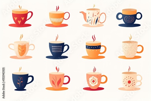 Wallpaper Mural Tea coffee vintage cup set vector illustration. Cartoon vintage teacup collection for english afternoon tea ceremony party or breakfast, retro flower, leaf, stripes hand drawn pattern on cup and mug
 Torontodigital.ca