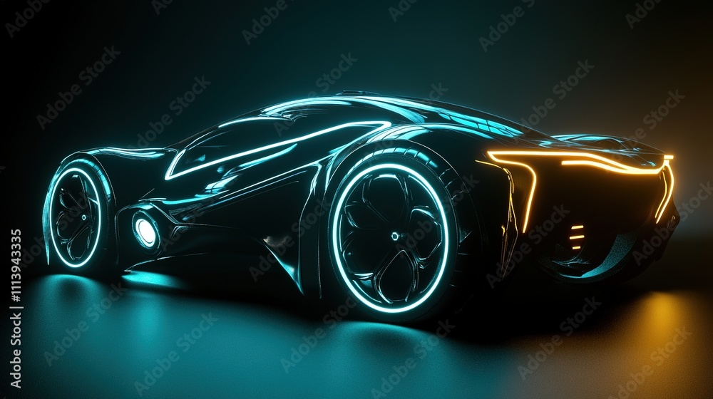 Futuristic car concept with neon lights on dark background Futuristic car concept with neon lights on dark background