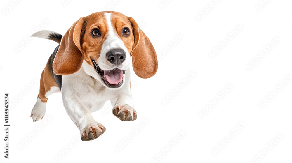 Energetic beagle puppy leaping happily on a black background Energetic beagle puppy leaping happily on a black background