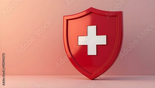 a red shield with a white first aid cross prominently displayed in the center, set against a plain background create with ai