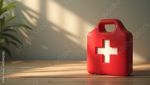 a red shield with a white first aid cross, positioned on a wooden surface with soft natural lighting casting gentle shadows create with ai