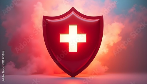  red shield with a white first aid cross, showcased in a dynamic position, with a burst of color radiating from behind. The background is bright and colorful create with ai