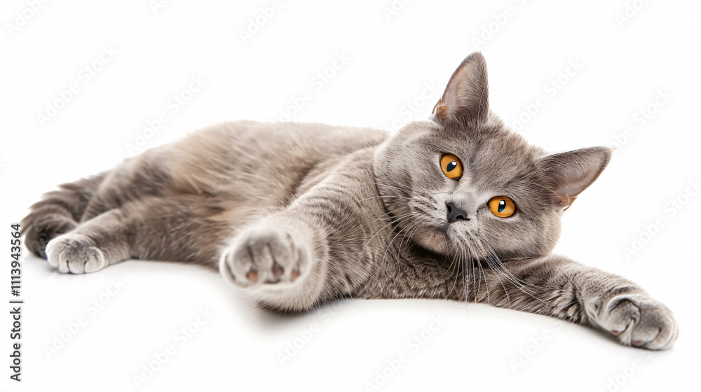 Satisfied British Cat: A British cat lying on a white background with a raised paw, suitable for advertising or playful pet imagery. Satisfied British Cat: A British cat lying on a white background with a raised paw, suitable for advertising or playful pet imagery.