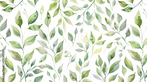 Seamless Watercolor Floral Pattern: Watercolor pattern featuring green leaves and branches on a white background. Perfect for wrappers, wallpapers, and greeting cards.