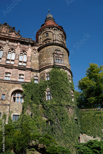 Ksiaz Castle with ivy on external walls - view from the tarrace with garden - Walbrzych, Poland photo