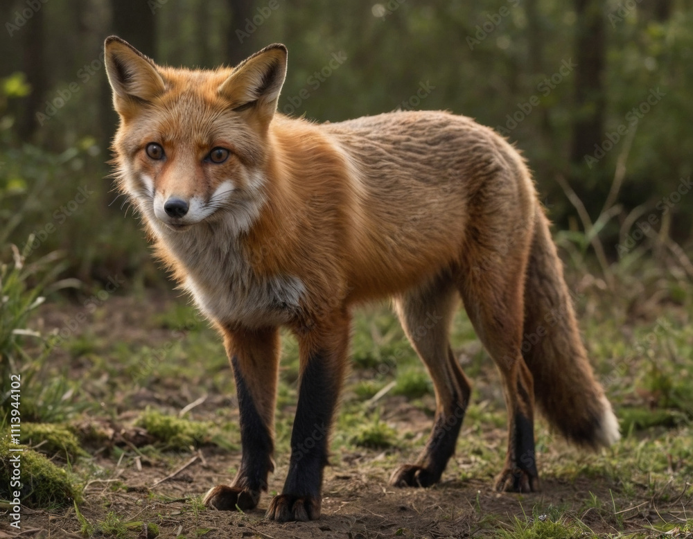 A curious red fox stands in a forest glade during early morning light, observing its surroundings. Generative AI A curious red fox stands in a forest glade during early morning light, observing its surroundings. Generative AI