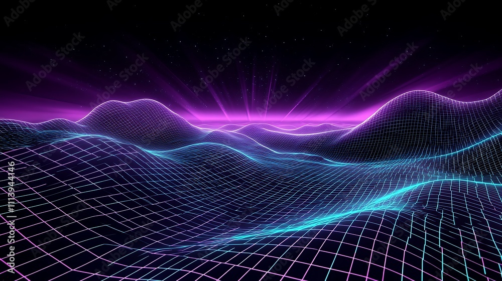 Futuristic Neon Landscape with Grid and Waves Under Starry Sky in Vibrant Colors and Dynamic Lighting Effects