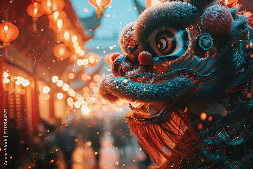 A close-up of a frosted dragon mask with intricate detailing, surrounded by glowing lanterns and snow during a festive celebration.