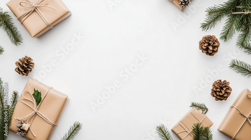 Minimalist white background with female hands holding a Christmas present, decorations, and pine branches on the table. View from above