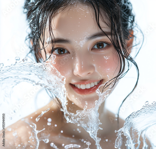 Skin care and hydration: a beautiful Asia woman with water splashing on her face, looking at the camera with a smile