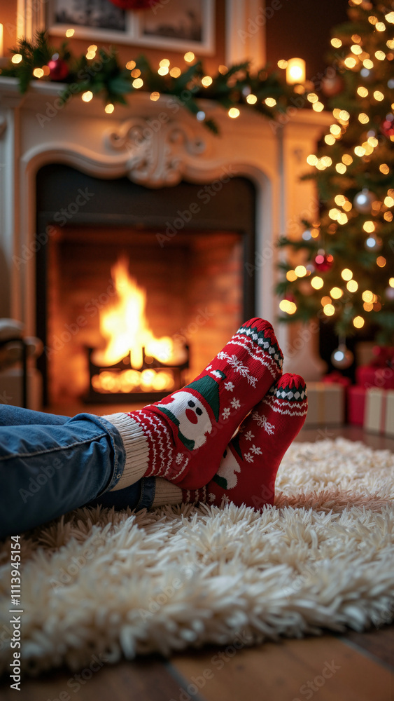 Cozy Christmas Scene: Woman's Festive Socks by Fireplace with Decorated Tree for Holiday Marketing Cozy Christmas Scene: Woman's Festive Socks by Fireplace with Decorated Tree for Holiday Marketing