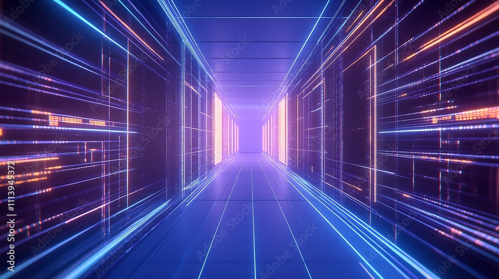 Obraz premium Futuristic Neon Tunnel with Vibrant Lights and Glowing Lines in a Digital Space Environment