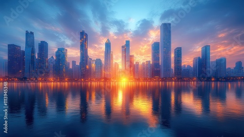 Vibrant sunrise over a calm lake reflecting a modern cityscape.