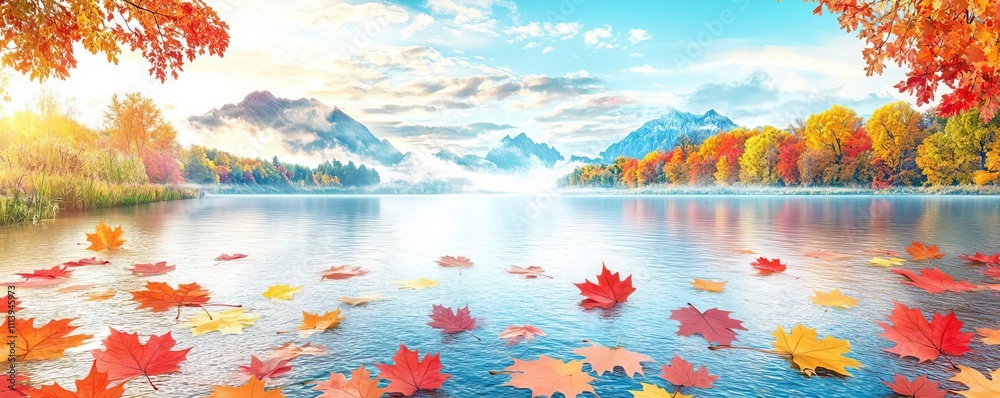 Fototapeta premium A river and its tributaries in the fall, with colorful leaves floating on the water, creating a seasonal tapestry of red, orange, and yellow hues