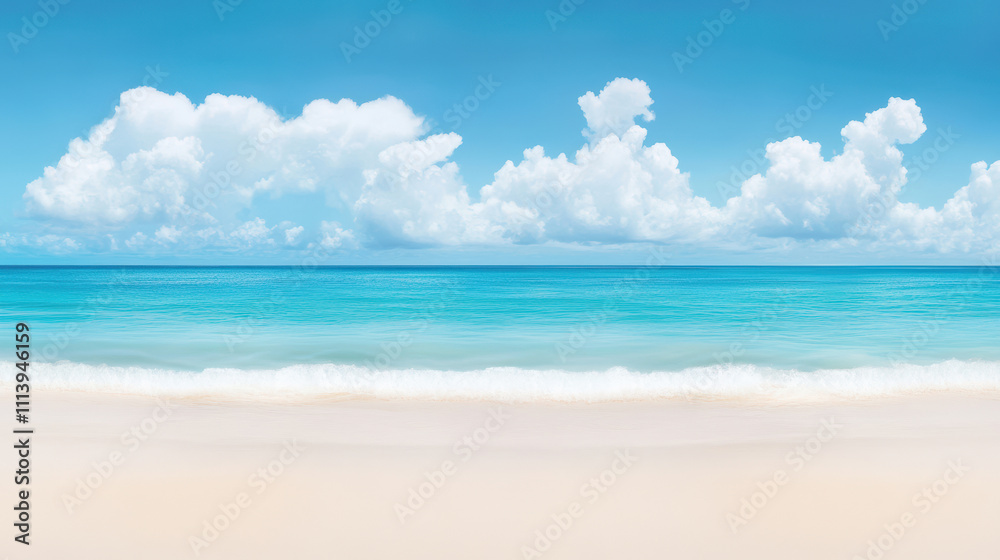 Serene Beachscape with Crystal Clear Water and Fluffy White Clouds in Bright Blue Sky Featuring Calm Ocean and Sandy Shoreline Serene Beachscape with Crystal Clear Water and Fluffy White Clouds in Bright Blue Sky Featuring Calm Ocean and Sandy Shoreline