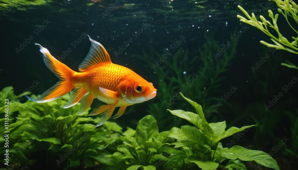 A goldfish glides through clear water with lush green plants, creating a peaceful water environment A goldfish glides through clear water with lush green plants, creating a peaceful water environment