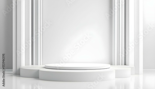 Minimal Podium and scene with 3d render in abstract gray background.  Geometry shape platform forms for product display. stage for awards in modern. 3D white round product podium background. 