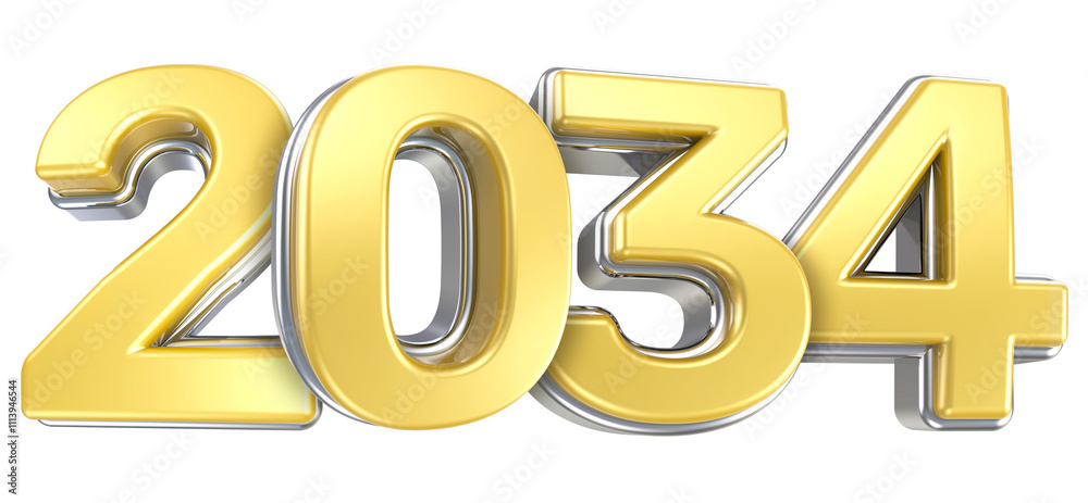 Happy New Year 2034 Silver With Yellow 3D Render Happy New Year 2034 Silver With Yellow 3D Render