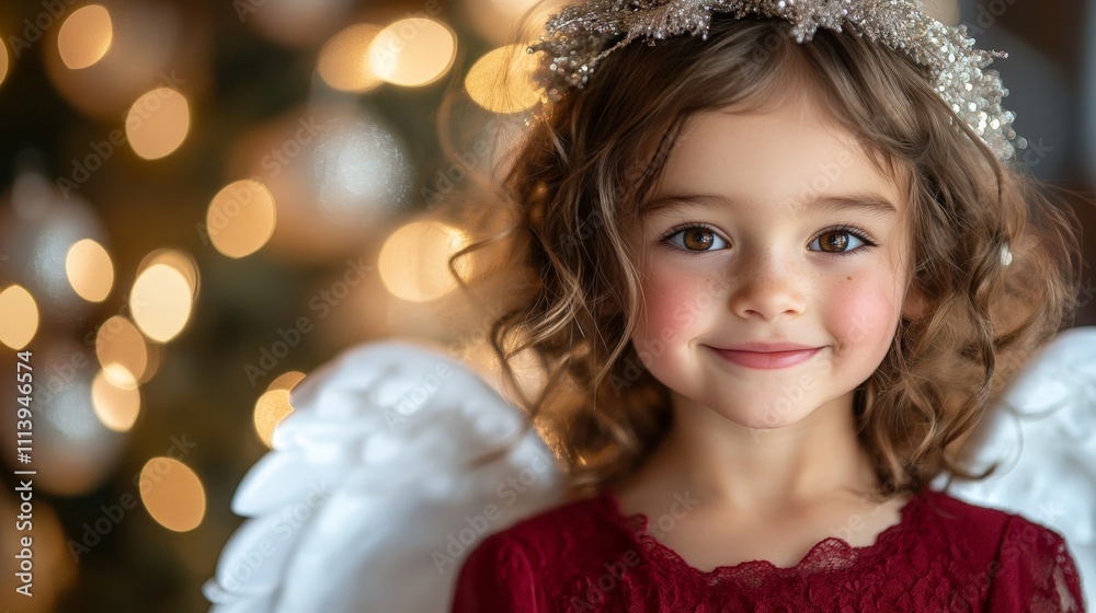 Smiling Angelic Girl in Red by Christmas Tree at Orphanage Smiling Angelic Girl in Red by Christmas Tree at Orphanage
