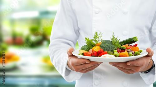 Nutritionist carefully examining a variety of fresh fruits and vegetables, emphasizing the importance of a balanced diet and healthy eating habits.