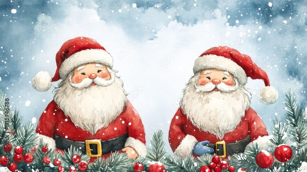 Watercolor Santa Claus Holiday Scene Watercolor Santa Claus Holiday Scene
