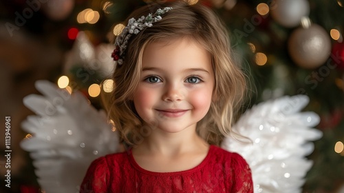 Smiling Angelic Girl in Red by Christmas Tree at Orphanage