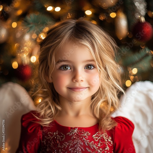 Smiling Angelic Girl in Red by Christmas Tree at Orphanage