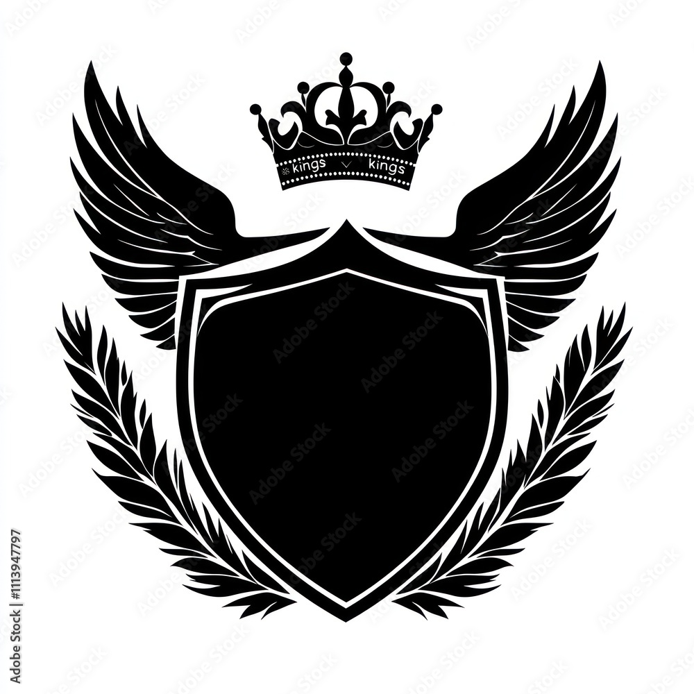 Obraz premium Black shield crest with crown and wings.