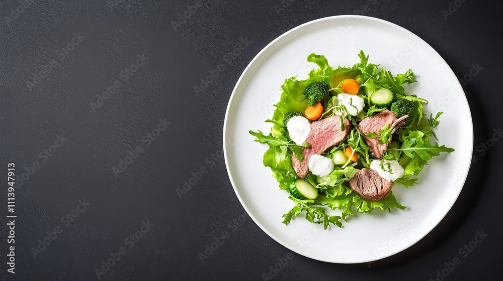 Fresh arugula salad with grilled beef and vegetables on white plate Fresh arugula salad with grilled beef and vegetables on white plate