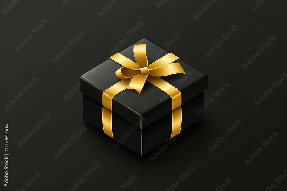 Black gift box with a gold ribbon, minimalist style on black background Black gift box with a gold ribbon, minimalist style on black background