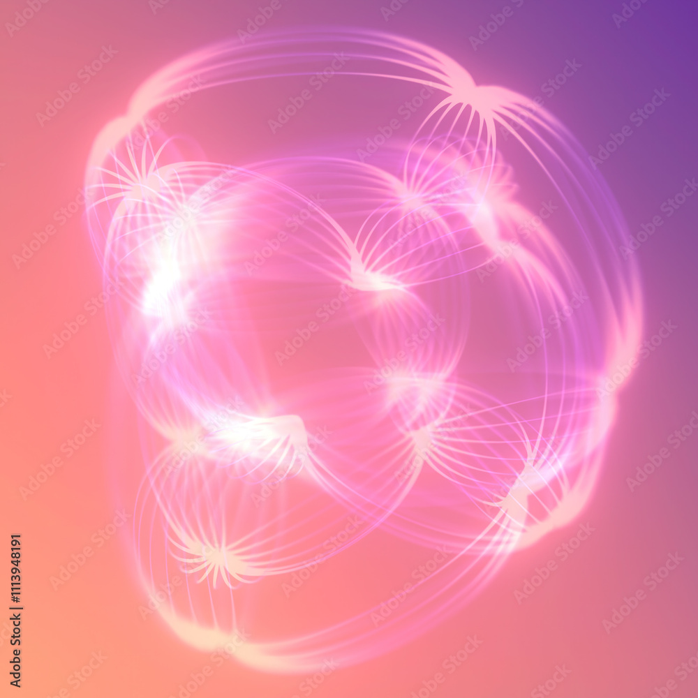 Illustration with abstract geometric figures of oval shape made with thin glowing lines in shades of pink, creating a soft glowing effect. 3d rendering