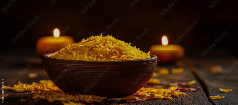 A beautiful and elegant display of golden rice in a clay pot, surrounded by delicate flower petals scattered across a rich wooden floor, gently illuminated by the warm glow of two glowing candles. A beautiful and elegant display of golden rice in a clay pot, surrounded by delicate flower petals scattered across a rich wooden floor, gently illuminated by the warm glow of two glowing candles.