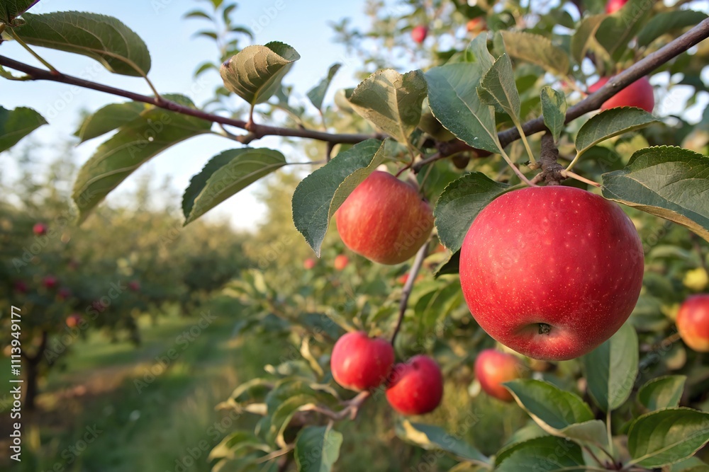 Red apples hanging on branch. Ripe apple with trees and sun picking.