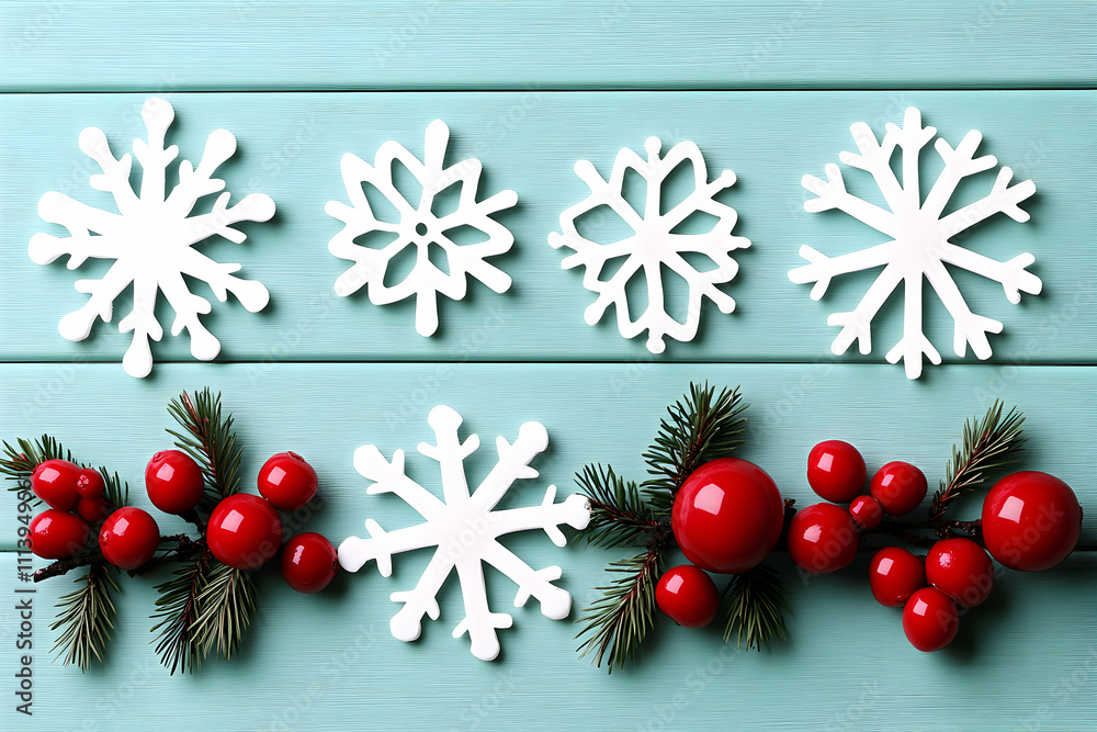 Festive Christmas background with white snowflakes and red berries on a teal wooden surface. Perfect for holiday greeting cards, invitations, or winter-themed projects. Festive Christmas background with white snowflakes and red berries on a teal wooden surface. Perfect for holiday greeting cards, invitations, or winter-themed projects.