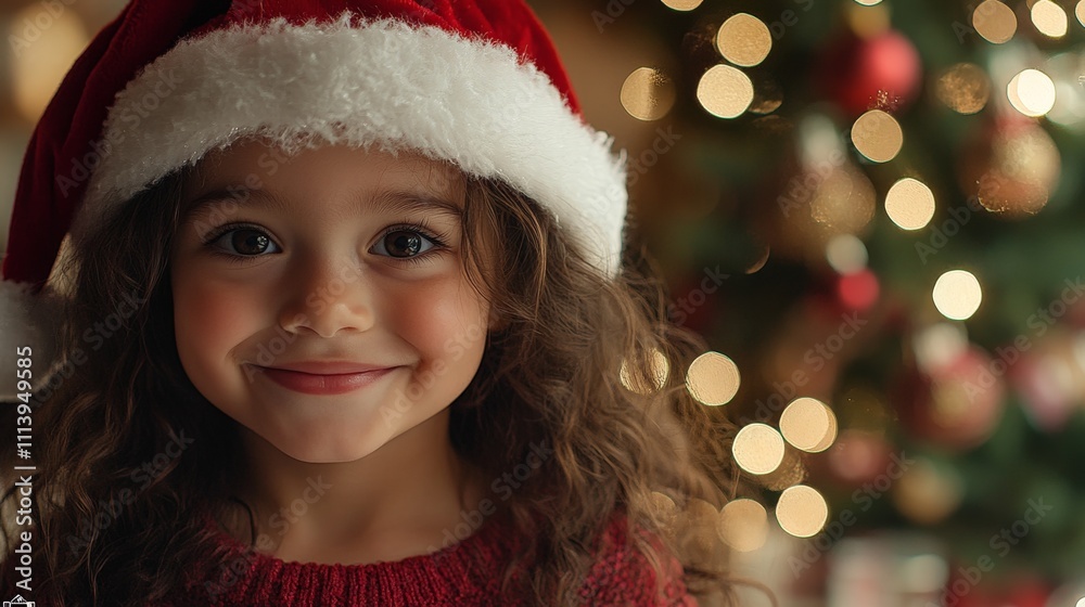 Adorable Child Smiling by Christmas Tree with Holiday Lights Adorable Child Smiling by Christmas Tree with Holiday Lights