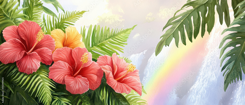 Naklejka premium vibrant watercolor scene featuring hibiscus flowers and lush greenery, with cascading waterfall and rainbow in background, evoking sense of tropical paradise