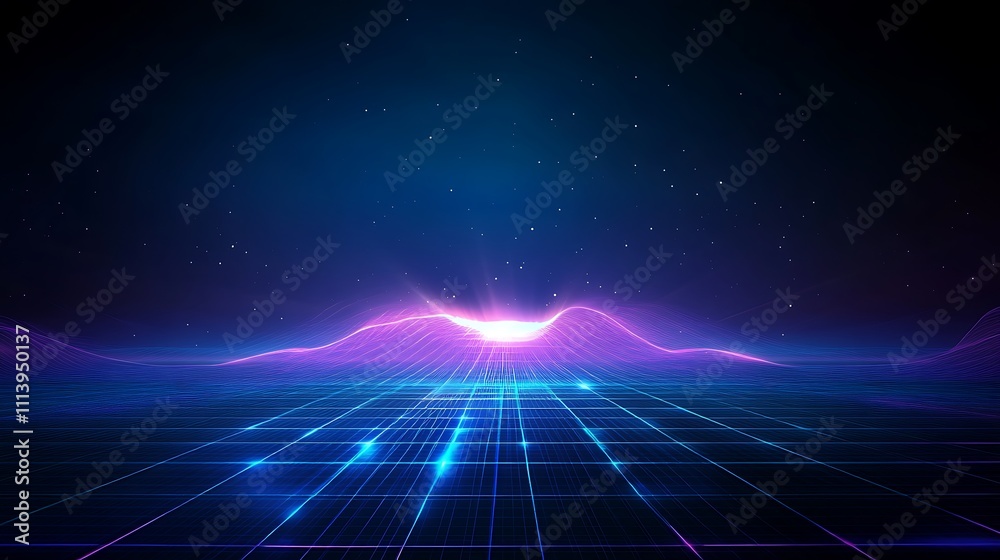 Vibrant Neon Landscape with Abstract Hills and Starry Night Sky in Futuristic Style Vibrant Neon Landscape with Abstract Hills and Starry Night Sky in Futuristic Style