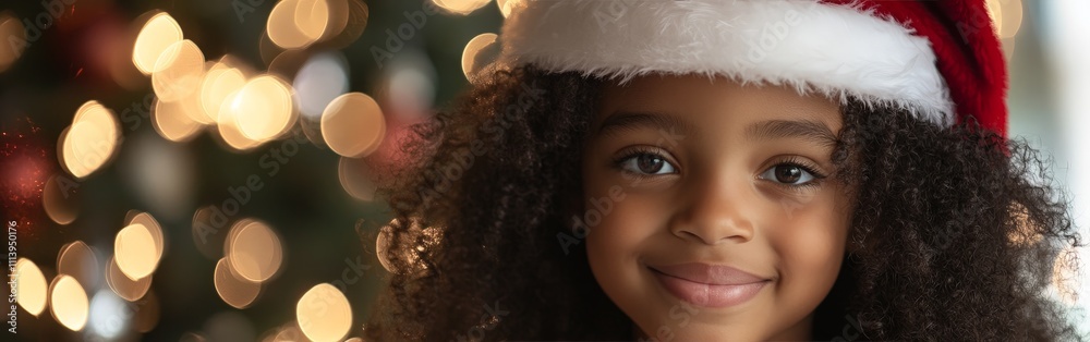 Adorable Child Smiling by Christmas Tree with Holiday Lights