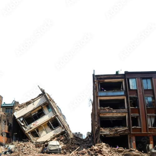 Destruction of buildings after earthquake, showcasing collapsed structures and debris. ,Isolated on Transparency background , PNG