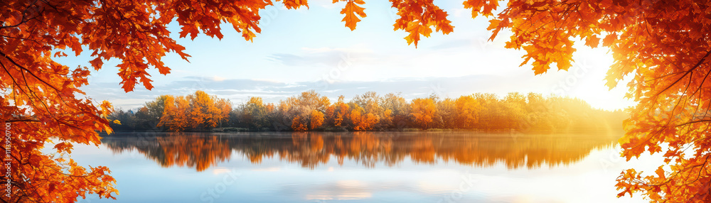 serene lakeside view framed by vibrant autumn leaves, reflecting golden hues on water surface, creates peaceful atmosphere serene lakeside view framed by vibrant autumn leaves, reflecting golden hues on water surface, creates peaceful atmosphere