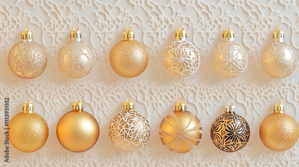 Fototapeta premium Gold Beige Christmas Ornaments on Lace Background Festive Holiday Decoration