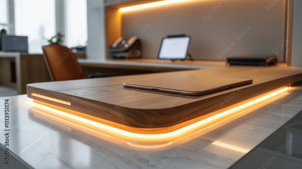 Modern office desk with warm lighting and electronic device.